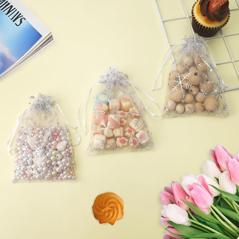 BOEIAC Snowflake Organza Bags, 100 PCS Christmas Sheer Organza Bags with Drawstring 4 x 6 inch, Jewelry Gift Bag, White Small Mesh Goodies Xmas Wedding Favor Mini Candy Pouches Bag for Christmas Party Favors - Image 3